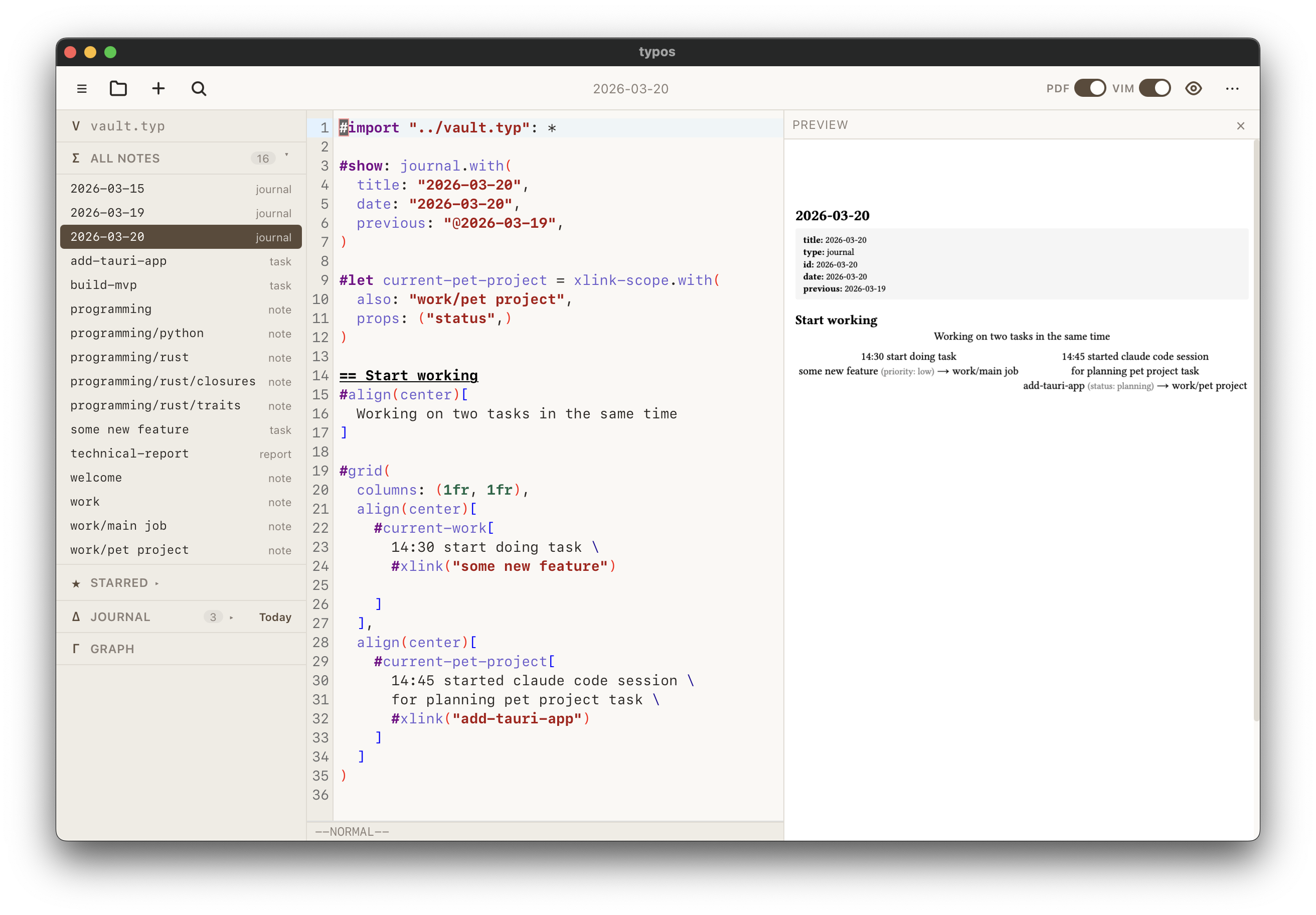 typos app screenshot showing split view editor with Typst code and PDF preview